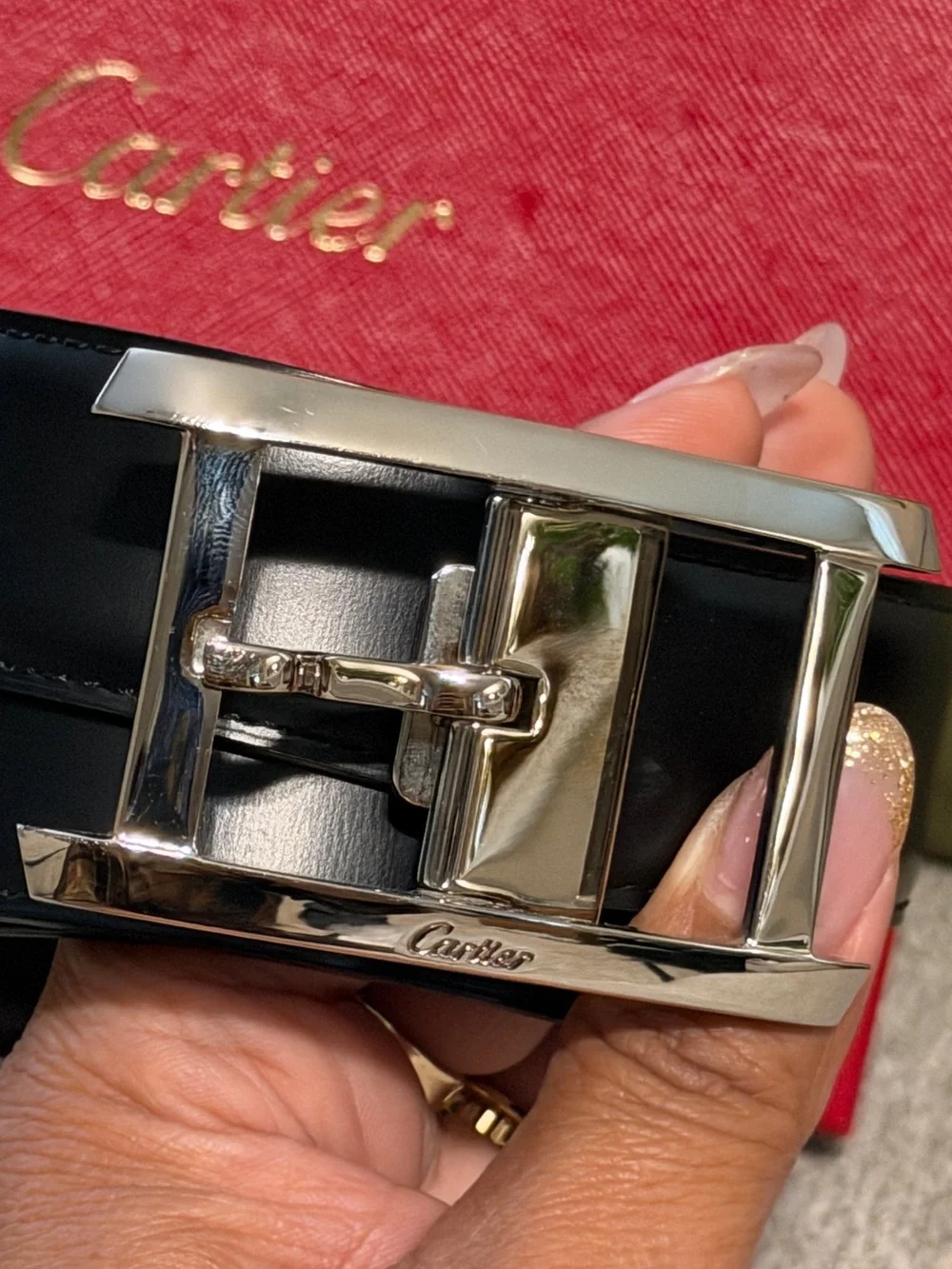 Cartier Men's Black Leather Belt with Silver H Buckle and Red Box
